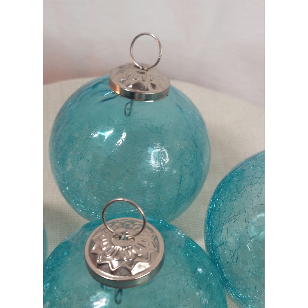 Set Of 3 Large Aqua Blue Crackle Glass Christmas Ornaments Coastal Beach 4" - Picture 4 of 15